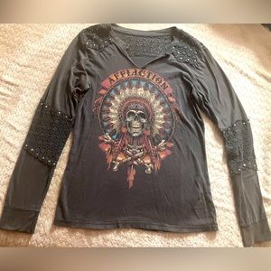 Affliction grey Long Sleeve Top Skulls